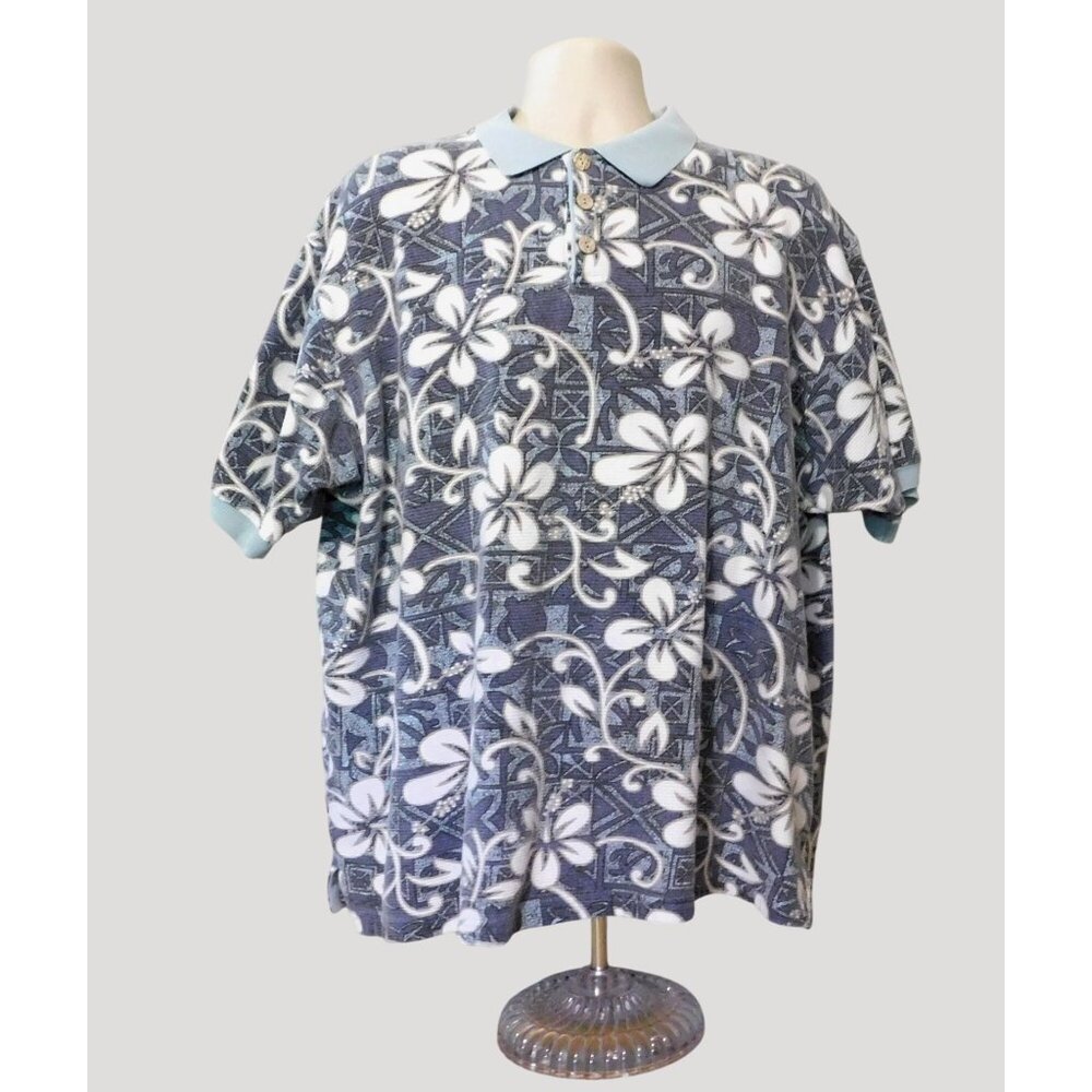 Vintage OP Polo Shirt XXL Blue White Floral Print Short Sleeve 100% Cotton